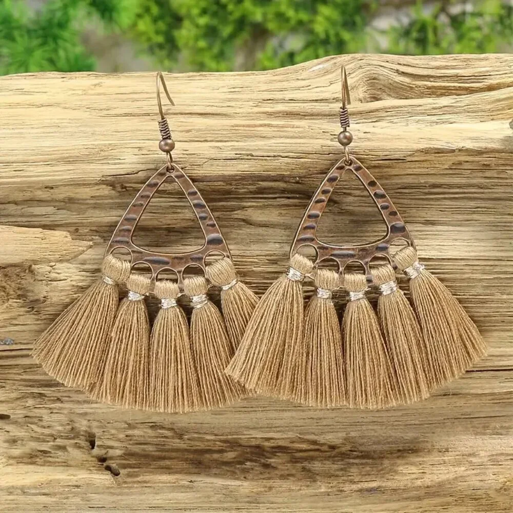 NEW pair BOHO brown tassel earrings, trendy vintage jewelry, retro earrings